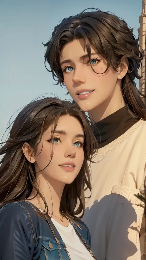 masterpiece , animated, cute, beautiful, romantic, The best quality, 2otros, couple, maduro, adult, height difference, different fashion, different color, Casual clothing, long sleeves, smile, happy, amar, rotating wind, blue sky, Man with long hair, Man ...