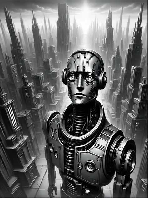 score_9, score_8_above, score_7_above, android, futuristic, Stylized, Art Deco, expressionist, 1920s, Black and White