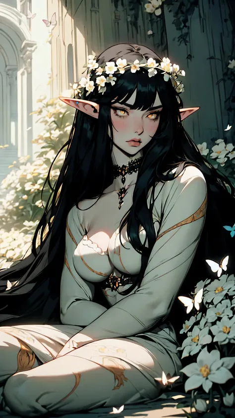 hyper-realistic of a mysterious woman with flowing black hair, hair with bangs, piercing yellow eyes, elf ears, and a delicate floral crown, whole body, sitting on the ground, white flowers arround, butterflies