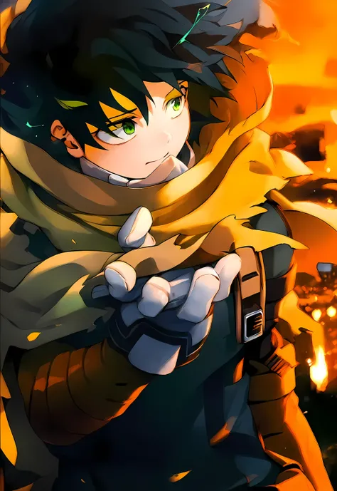  A boy who wears a yellow cape and green gloves   ,  In the background a city   🌆 ,   High resolution , necessary,   masterpiece  ,  The best quality , Detail, Details altos, High quality, ,  boy with a yellow cape  (( green hair and green eyes ,   green h...