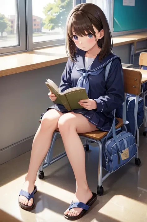 own, a short person sitting in chair reading book at school with flip flops on, 1girl, classroom, desk, bag, indoors, school uniform