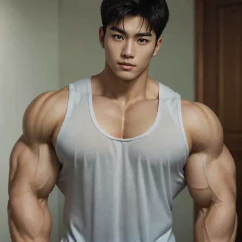 (a close up of a handsome asian boy wearing a tank top, his huge pecs are bulging out underneath his tank top), 1boy, beautiful,...