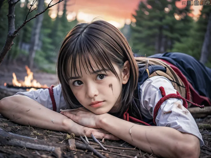 (Low angle shot of one slender small breasts round face brown short hair with bangs girl in a samurai silver armor:1.5)、(One girl is lying with her back behind on the wilderness land at the Sengoku period in Japan with crying dirty sperm splashed face:1.5)...