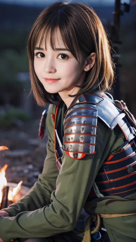 (Close up portrait of one slender small breast round face brown short hair with bangs girl in a green colored dirty armor warrior as samurai in Japan :1.5)、(One girl take a rest near the bonfire on the wilderness land in old Japan with dirty little smile:1...