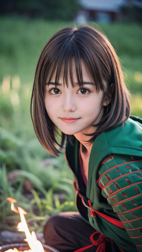 (Close up portrait of one slender small breast round face brown short hair with bangs girl in a green colored dirty armor warrior as samurai in Japan :1.5)、(One girl take a rest near the bonfire on the wilderness land in old Japan with dirty little smile:1...
