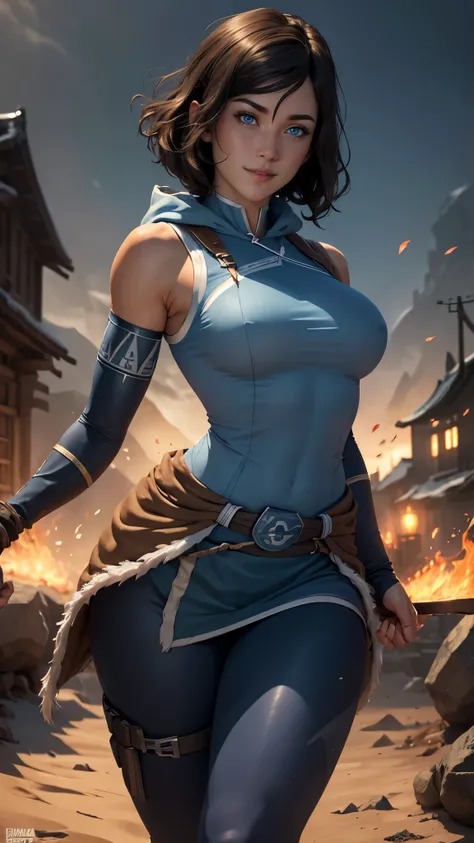 Korra da avatar,(best quality, 4K,8k,high resolution,work of art:1.2)(weather: showing), artic background, ninja village, wide hips, short curly hair, brown hair, freckles, sleeveless shinobi hoodie top, ninja belt, shinobi leggings, ninja harness, ninja b...