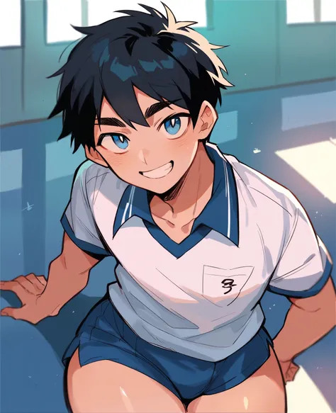 boy teen, black hair, detailed hair, blue eyes, wide hips, wearing school sports uniform, smiling, school gym scenario 