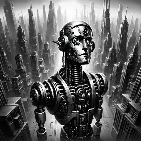 score_9, score_8_above, score_7_above, android, futuristic, Stylized, Art Deco, expressionist, 1920s, Black and White