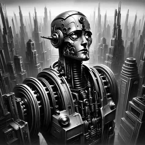 score_9, score_8_above, score_7_above, android, futuristic, Stylized, Art Deco, expressionist, 1920s, Black and White