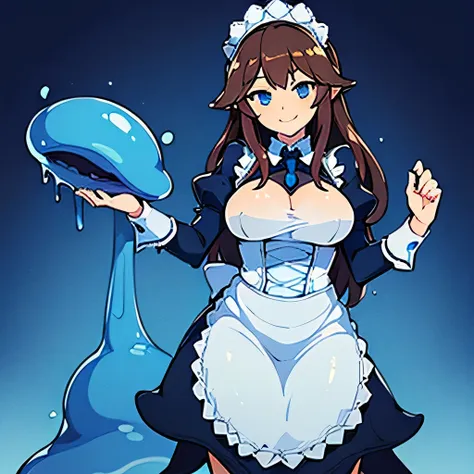 ((masterpiece, best quality ,Ultra delicate, perfect face,Detailed eyes,16k,)),((brown long hair,blue slime girl  ,blue slime body,Melting legs:1.3,,Best Anime)), ,( 1 girl),Large Breasts,( Maid Costume ,smile:1.4), cowboy shot