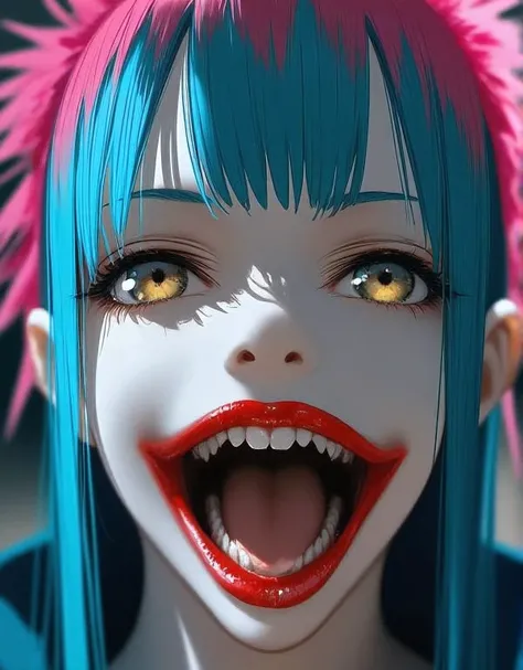 Close-up:
A beautiful young Korean woman .
spiked hair, pink and blue, bangs covering the eye.
Striped honey-colored eyes , expressive, deep, Cintilante, obfuscating, bioluminescentes.
Blurry Makeup.
Porcelain-white skin .
Full and bulky mouth with ...