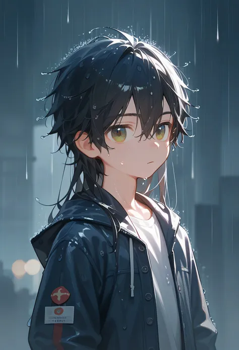 (Score_9,Score_8_up,Score_7_up), masterpiece, anime, cute young boy, wet hair, rain, student, long hair, black hair, (school background), upper half portrait, solo, hair_between_eyes, cowboy shot,