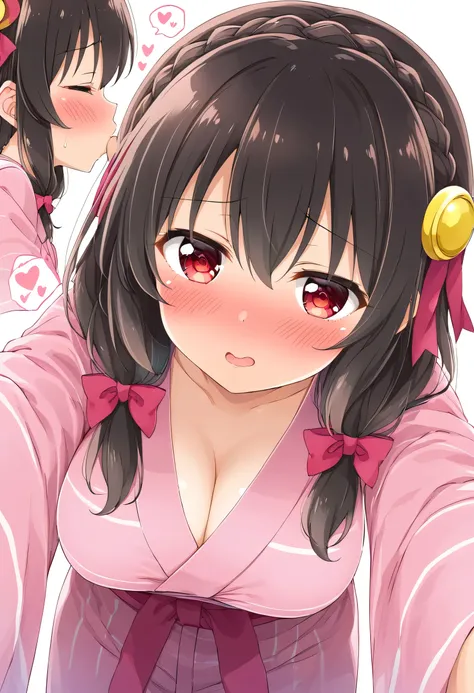 yunyun、masterpiece,Best Quality,  Kampala,One person, Yunyun、 crown braid the same color as my hair, Black Hair、Red eyes、 Hair Accessory,  Hair Ribbon , Pink Yukata, (四つん這い:1.4)、(She has big breasts)、( Close Your Eyes )、(blush:1.3)、indoor、♥、heart、( Close Y...