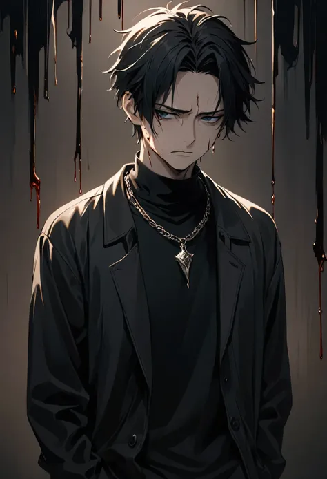 A 28-year-old Asian male with a dark and twisted background. He has a sharp facial structure with a melancholic yet intense expression. His eyes are narrow, reflecting emptiness and pain, but occasionally show unexpected gentleness. His hair is slightly me...