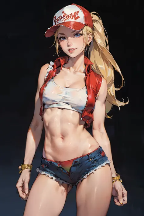 CutieTerry, 1girl, solo, trucker cap, smirk, ((red sleeveless jacket:1.2)), white top, blonde ponytail, denim shorts, terry bogard girl, red cap, ((micro shorts, denim shorts)), standing, open legs, ((cowboy shot)), artgerm, extremely detailed, seductive a...