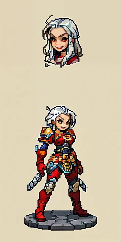 (masterpiece, best quality, 4k, 1girlsolo, 1MILF, mmplatz, smile, red cheeks, plain background:1.2) perfect face, perfect lighting, mature whsororitas with gloves red gauntlets in her hands like Cammy White from Street Fighter, bob white hair, warhammer 40...