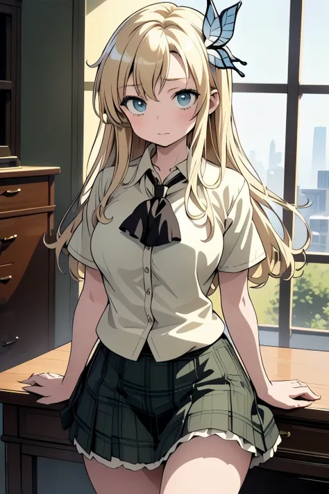 (masterpiece, best quality),  aasena, long hair, hair ornament, large breasts, black neckerchief, shirt, short sleeves, plaid skirt, green skirt,