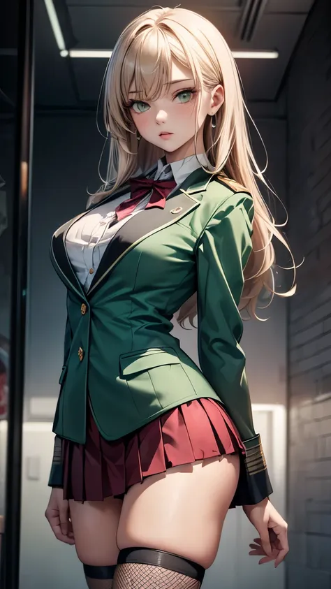 (( super high resolution ，masterpiece:1.2))，(( Highly Detailed Art ))，((Unity 8K quality ))，((very beautiful 21 year old girl ))，((Green blazer uniform，red pleated micro miniskirt))，((black fishnet_stockings))， Smooth Brown Long Hair ， very cute girl ，Cute face，Beautiful eyelashes，Double eyelids， natural makeup ，beautiful clear green eyes， attractive lips ，((Perfect body， supermodel ， perfect anatomy))， RAW Photos， photorealistic，Large Breasts， cowboy shot， Random Poses ， Professional Writing， professional lighting 