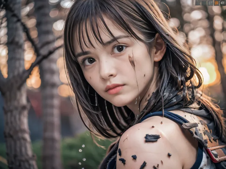 (Low angle shot of one slender small breasts round face brown short hair with bangs girl in a samurai silver armor:1.5)、(One girl is lying with her back behind on the wilderness land at the Sengoku period in Japan with crying dirty sperm splashed face:1.5)...