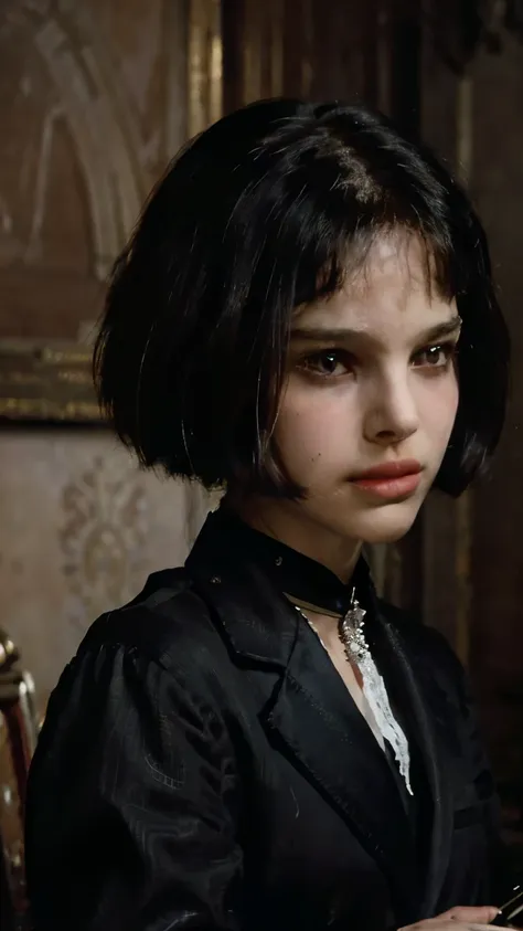 portrait of natalie portman as matilda from the leon movie、from the leon movie,  pose with a weapon 、 wearing a black suit and t...