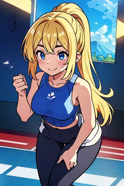 最high quality、best image quality、masterpiece、girl((20-year-old、 By becoming、vest bust、medium bust,wide open breast tea、Shining eyes, blonde、long hair、thin,highest valley、ponytail、action of looking up、Bandage on right arm、Sportswear with a wide open chest、s...