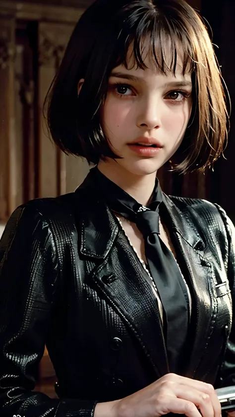 portrait of natalie portman as matilda from the leon movie、from the leon movie,  pose with a weapon 、 wearing a black suit and t...