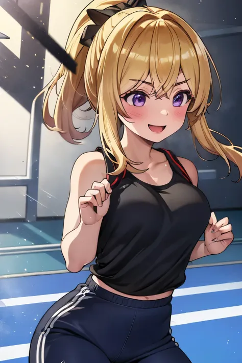 最high quality、best image quality、masterpiece、girl((20-year-old、 By becoming、vest bust、medium bust,wide open breast tea、Shining eyes, blonde、long hair、thin,highest valley、ponytail、action of looking up、Bandage on right arm、Sportswear with a wide open chest、s...