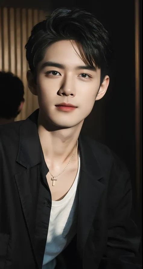 20 years old boy, Handsome man in cafe, sitting, lips smiling, wearing long black shirt, necklace accessory, handsome man style, black hair, middle part hairstyle, half body portrait, (best quality,4k,8k,highres,masterpiece:1.2),ultra-detailed,(realistic,p...