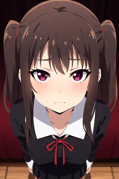 cute anime girl, extreme dark brown hair, dark burgundy eyes, peculiar longe and two side up hairstyle, frontal angle, dark hair...