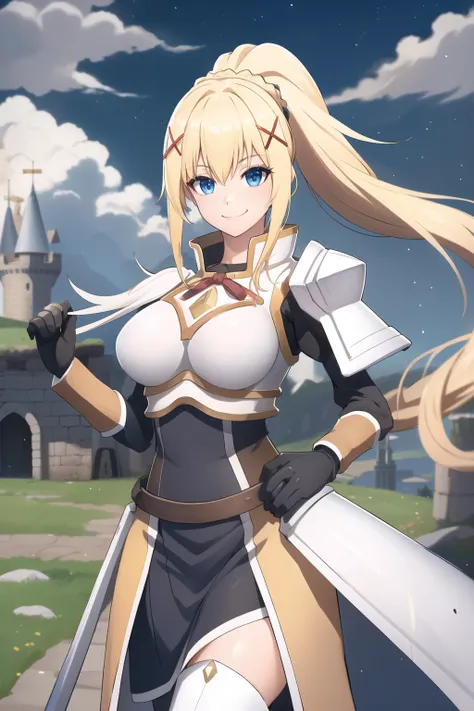 best quality, highres, 1girl, long hair, blonde hair, x hair ornament, armor, blue eyes, ponytail, hair ornament, gloves, shoulder armor, braid, black gloves, pauldrons, white boots, darkness (konosuba), large breasts, cowboy shot, castle, outdoors, smile,