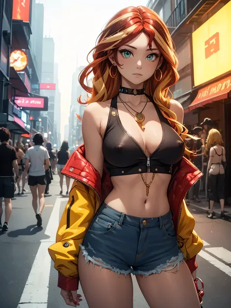 Sunsethuman, Female, two-tone hair, red and yellow hair, wavy hair, fitted white tank top, unzipped shorts, underboob, nipples, denim shorts , earrings , necklace bracelets out in the street at night, neon lights and advertising