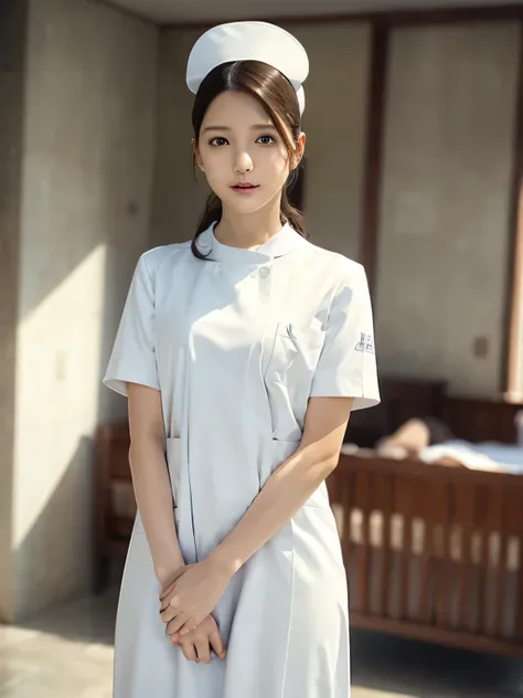 1 girl,(wearing white nurse clothes:1.2),( raw photos, best quality), (realistic, photo-realistic:1.4), masterpiece,  so delicat...