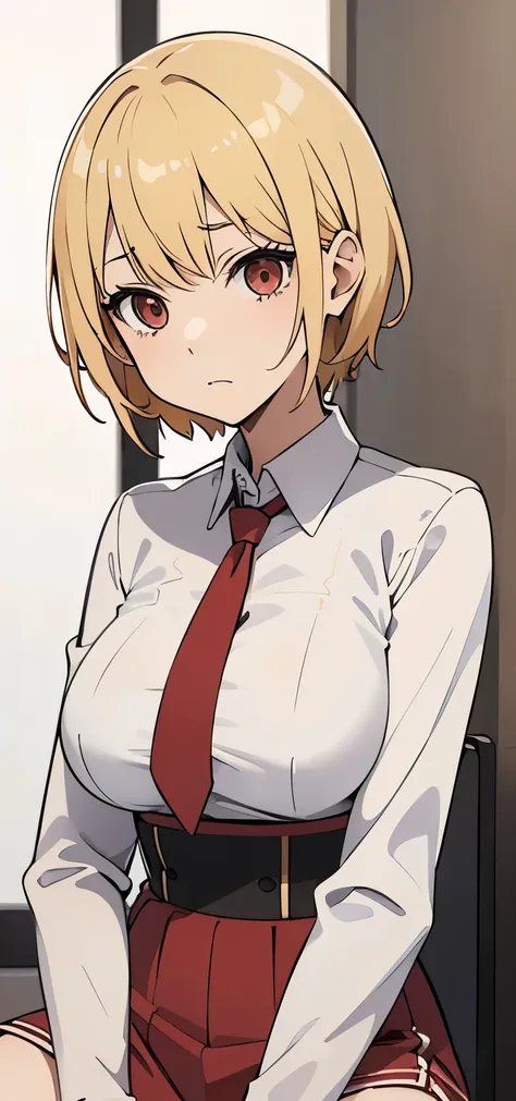 anime girl blonde hair, short hair, wearing white shirt red tie, siting