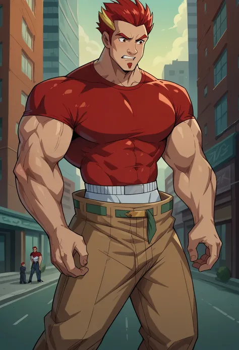 score_9, score_8_up, score_7_up, BREAK, score_9, 1boy, Hotstreak, Francis Stone, Red Hair, Facial Hair, Red Hair with Yellow Highlights, muscular, hyper muscles, transformation, city, cowboy shot