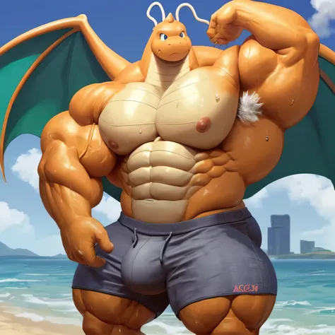 ((masterpiece)), (perfect shadows), (perfect eyes), (best quality), (ultra detailed), (perfect face), (illustration), (background details), Dragonite, (tall), bulk, ((hyper body)), (huge muscle), ((tiny head)), sharp jaw, ((huge shoulders)), ((huge neck mu...