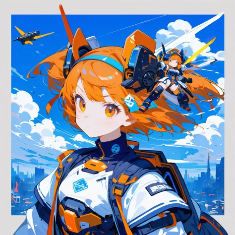 ((celluloid)),Mecha musume,a woman in a futuristic outfit is floating in the air 使用一个 sword in her hand 使用一个 sky and clouds and blue background with white clouds and blue and orange lines and white,使用一个,Joseph Stella,Mecha,Portrait of a character ,Rayonism...