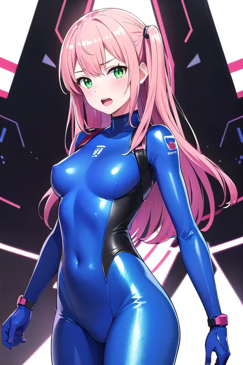 1girl,Samus aran,solo,green eyes, pink hair, forehead   hair, zero suit, body suit,purple stripes,cowboy shot,blush,,Science fiction,ultra-detailed,sharp focus,aesthetic,(best quality), white background, (ultra definition paint:1.2), sapphire blue harness,...