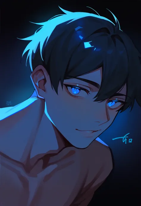 boy teen, black hair, detailed hair, blue eyes, wide hips, profile picture, mysterious, dark, dark background