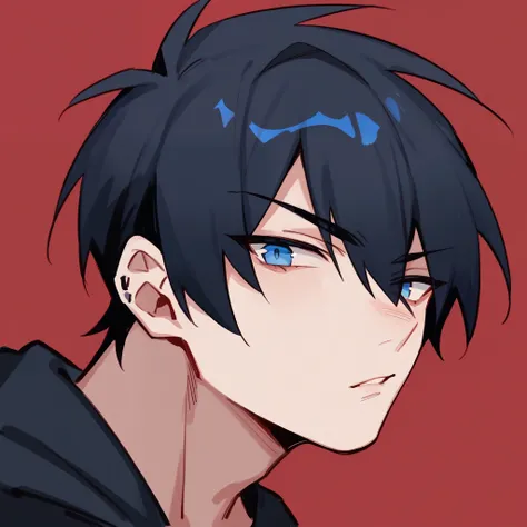 boy teen, black hair, detailed hair, blue eyes, wide hips, profile picture, emo, edgy, red background