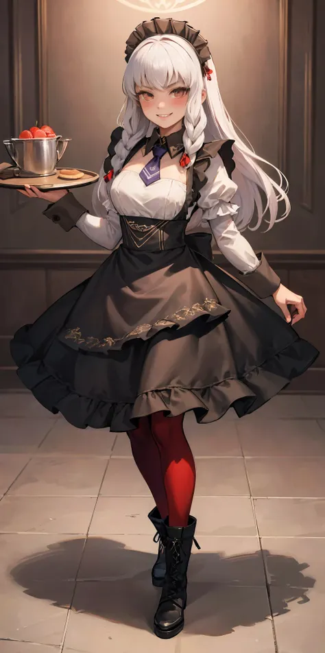 full body standing straight symmetrical, lustful smirking smile face red blush red cheeks, looking at viewer, holding tray, braid, maid headdress, maid, dress, apron, long sleeves, brown pantyhose, long leather military boots, thighs, long white hair, mast...