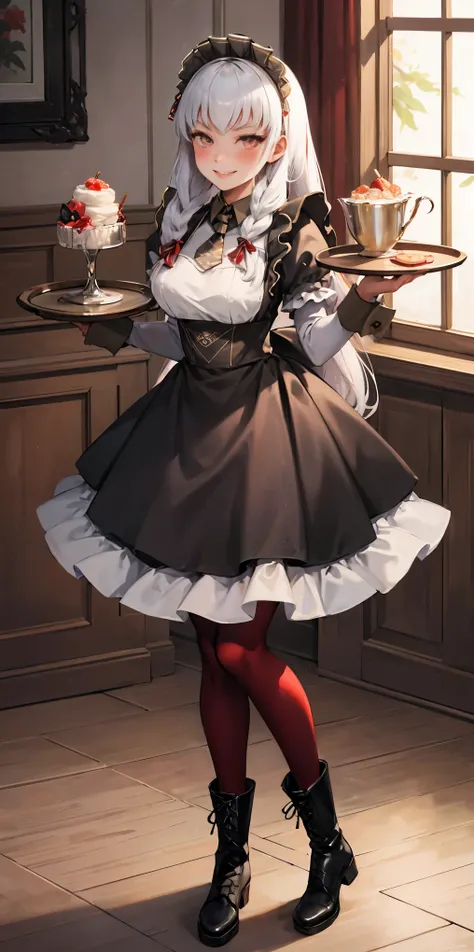full body standing straight symmetrical, lustful smirking smile face red blush red cheeks, looking at viewer, holding tray, braid, maid headdress, maid, dress, apron, long sleeves, brown pantyhose, long leather military boots, thighs, long white hair, mast...