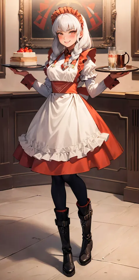 full body standing straight symmetrical, lustful smirking smile face red blush red cheeks, looking at viewer, holding tray, braid, maid headdress, maid, dress, apron, long sleeves, brown pantyhose, long leather military boots, thighs, long white hair, mast...