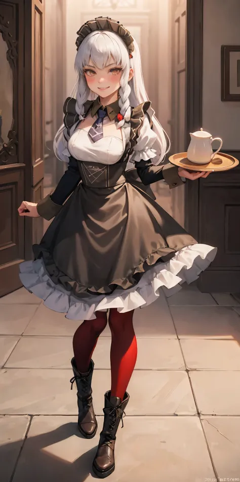 full body standing straight symmetrical, lustful smirking smile face red blush red cheeks, looking at viewer, holding tray, braid, maid headdress, maid, dress, apron, long sleeves, brown pantyhose, long leather military boots, thighs, long white hair, mast...