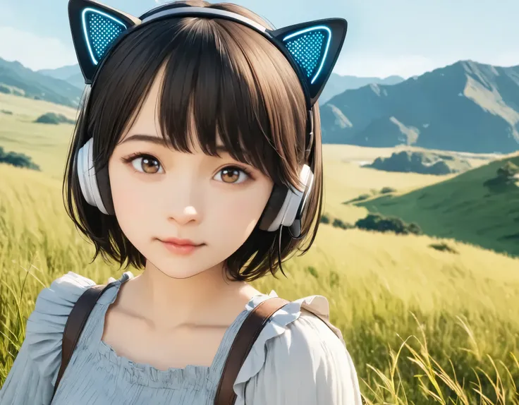 (best quality, 8k, high resolution:1.2), 1girl, cat ear headphone, grassland, blue sky, upper body