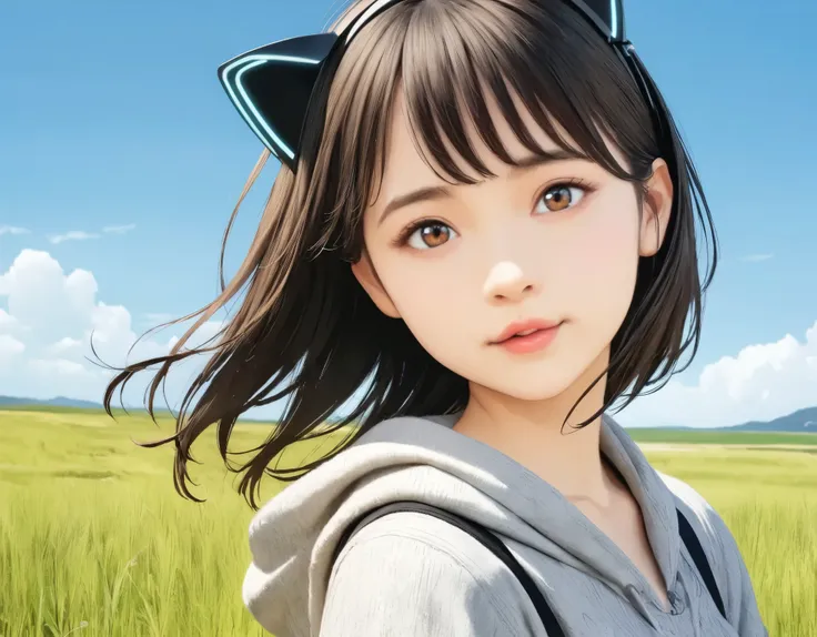 (best quality, 8k, high resolution:1.2), 1girl, cat ear headphone, grassland, blue sky, upper body