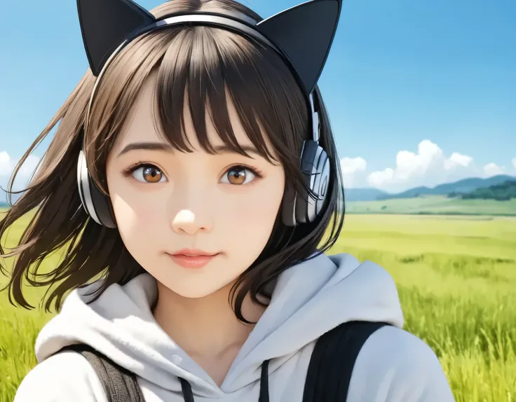 (best quality, 8k, high resolution:1.2), 1girl, cat ear headphone, grassland, blue sky, upper body