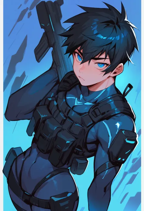 boy teen, black hair, detailed hair, blue eyes, wide hips, wearing black tactical gear, mysterious, blue and white futuristic background
