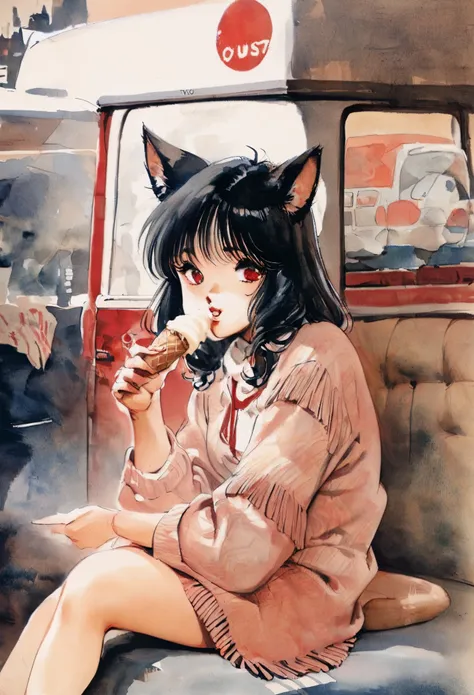 foreground. 1 girl (junkotvv black hair, fringe, cat ears, red eyes),  boring expression,  holding an ice cream cone ,   sitting...