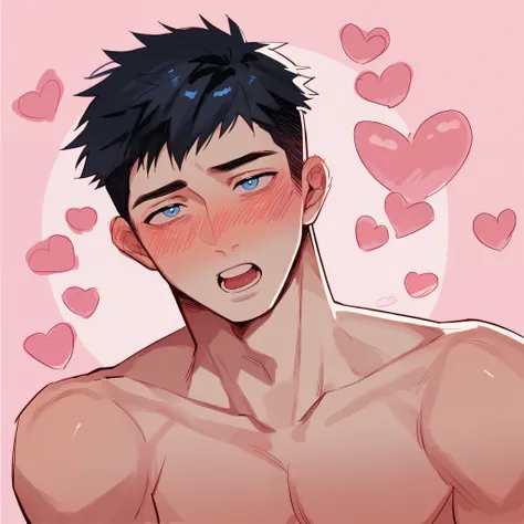 boy teen, black hair, detailed hair, blue eyes, face picture, blushing , panting, shirtless, pink love background, japanese moans effect
