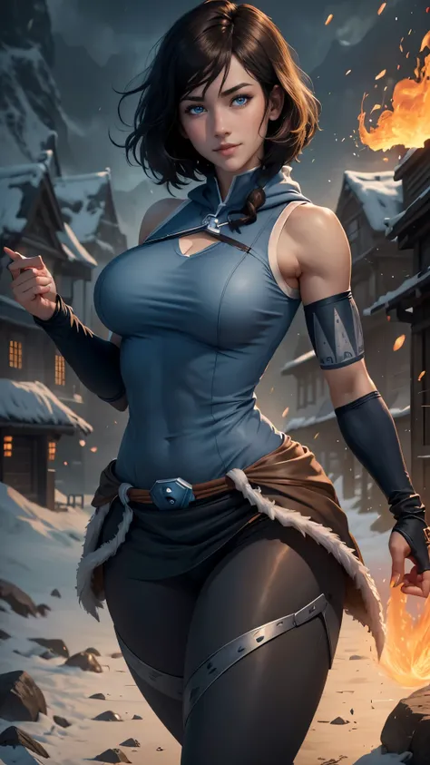 Korra da avatar,(best quality, 4K,8k,high resolution,work of art:1.2)(weather: showing), artic background, ninja village, wide hips, short curly hair, brown hair, freckles, sleeveless shinobi hoodie top, ninja belt, shinobi leggings, ninja harness, ninja b...